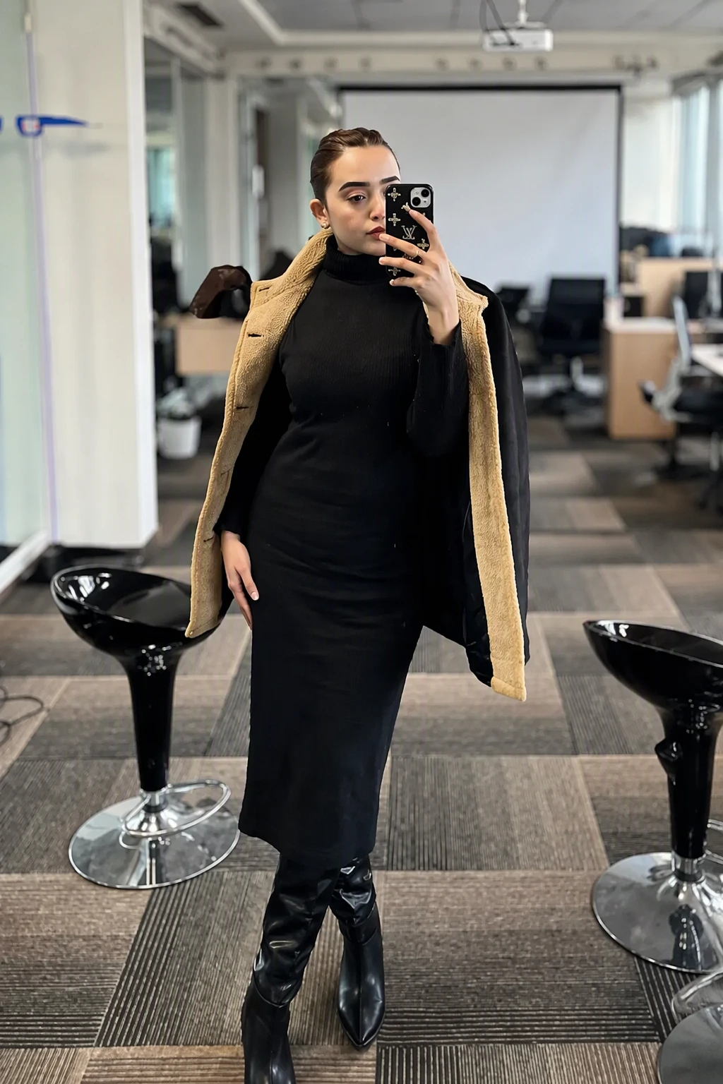 Turtleneck Black Dress + Long Coat with Fur + Knee-High Boots