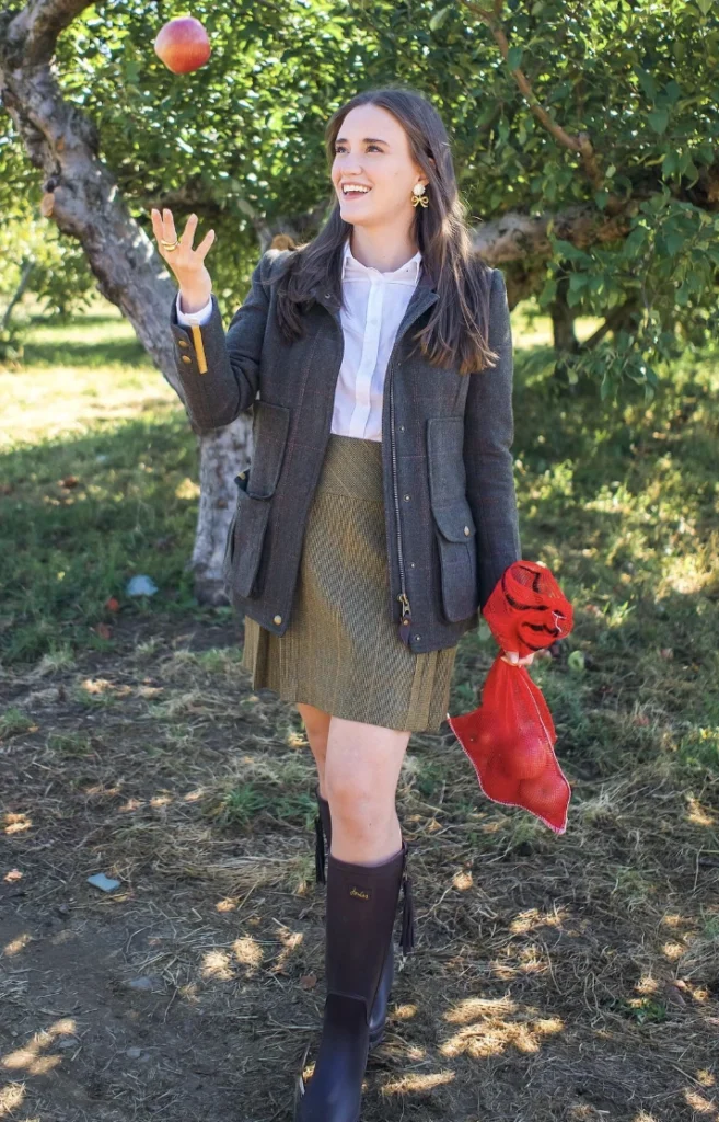Tweed Blazer + White Button-Up Shirt + Olive Green A-Line Skirt + Knee-High Rain Boots + Red Knit Scarf
