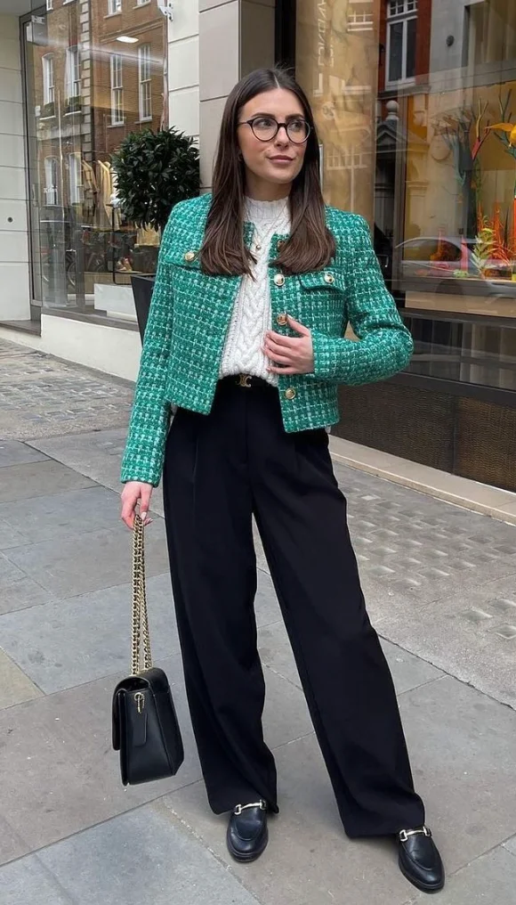 Tweed Green Jacket + Cable Knit Sweater + Wide Leg Black Pants