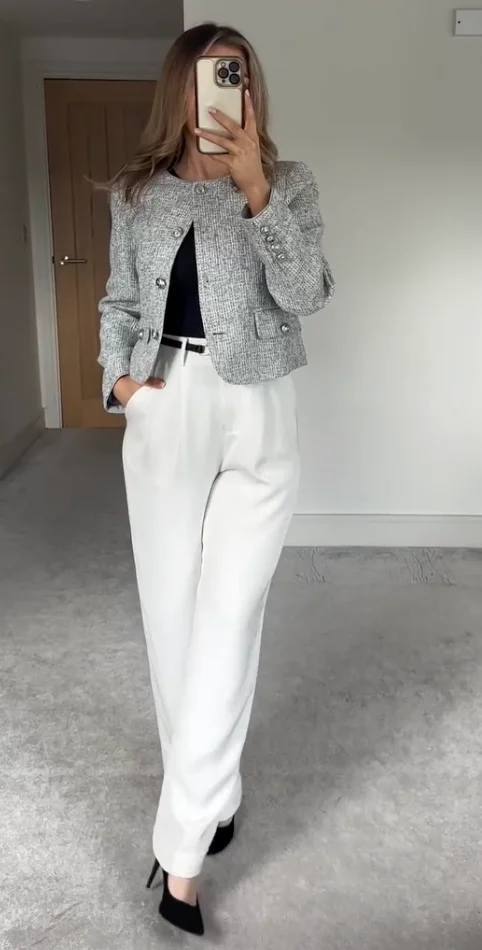 Tweed Jacket + Wide-Leg White Trousers + Classic Pumps