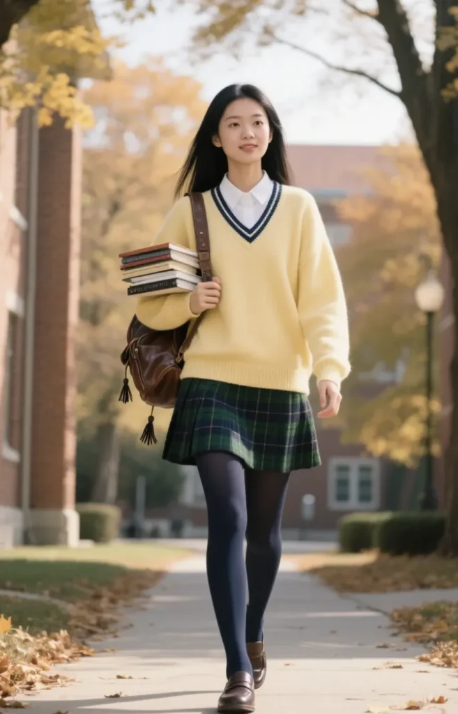 V-Neck Sweater + Plaid Skirt + Penny Loafers