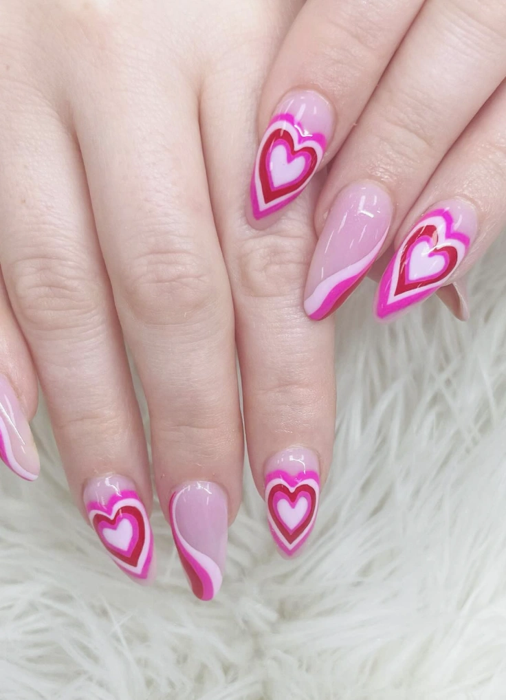 Valentine’s Day Pink and Red Heart Nail Art