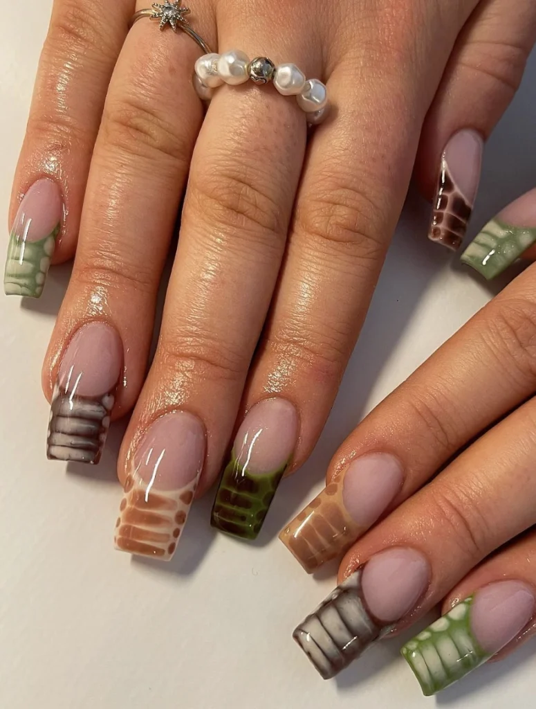 Variegated French Tip Coffin Nails with Earthy Tones