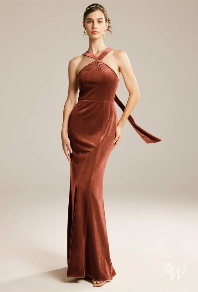 Velvet Rust Halter Neck Gown