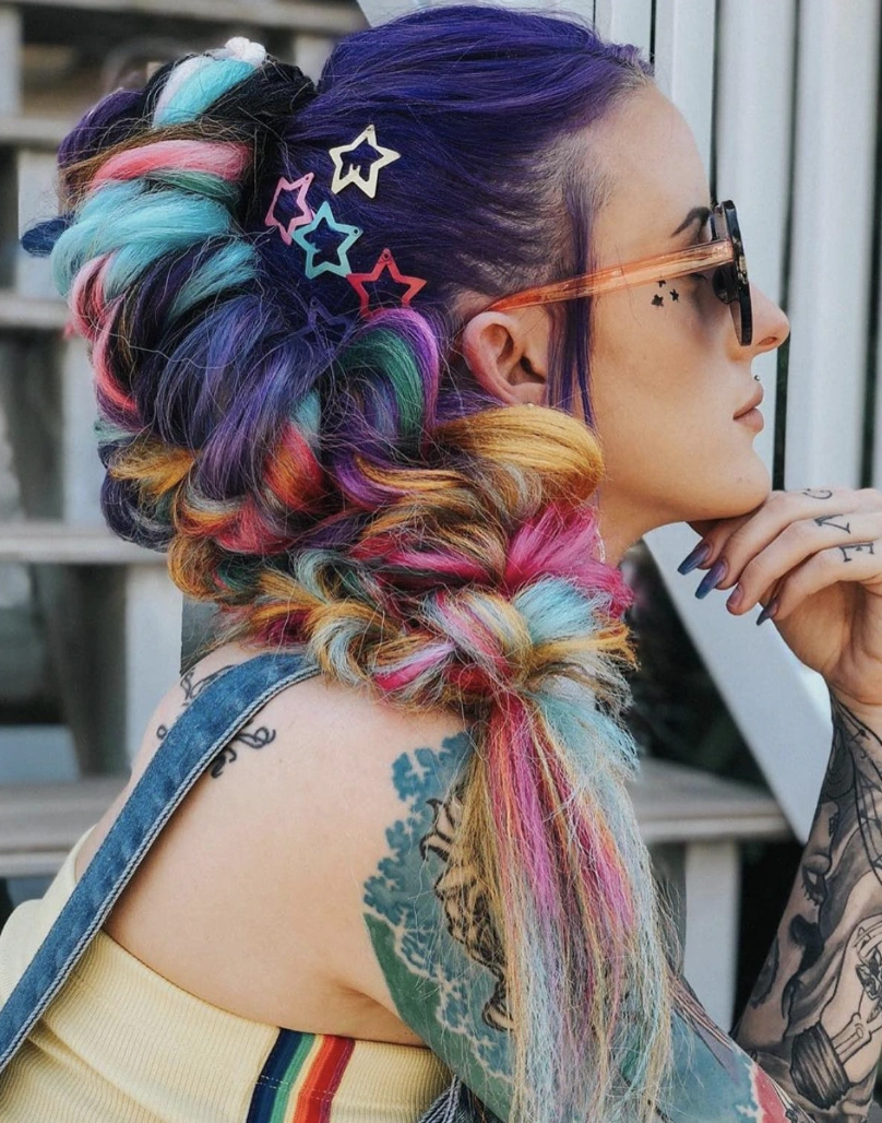 Vibrant Multi-Colored Twisted Updo for Medium-Length Hair with Star Clips