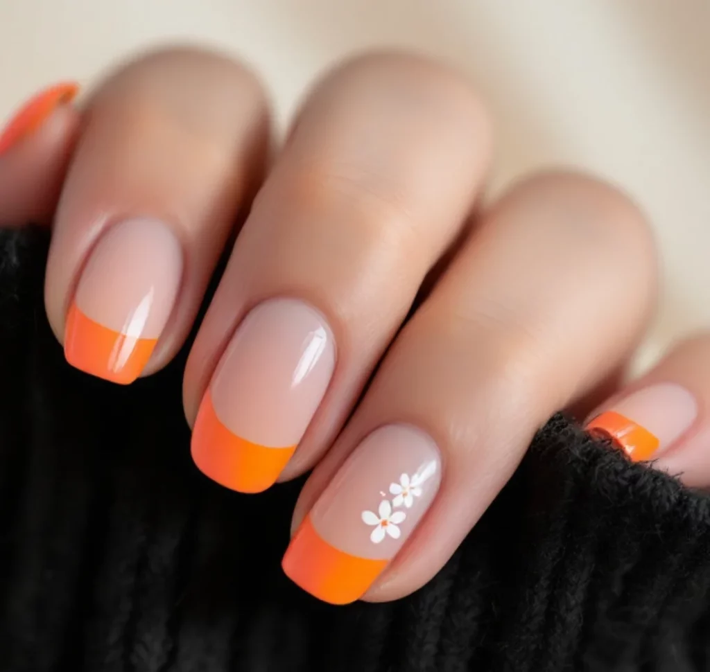 Vibrant Orange Floral French Tips