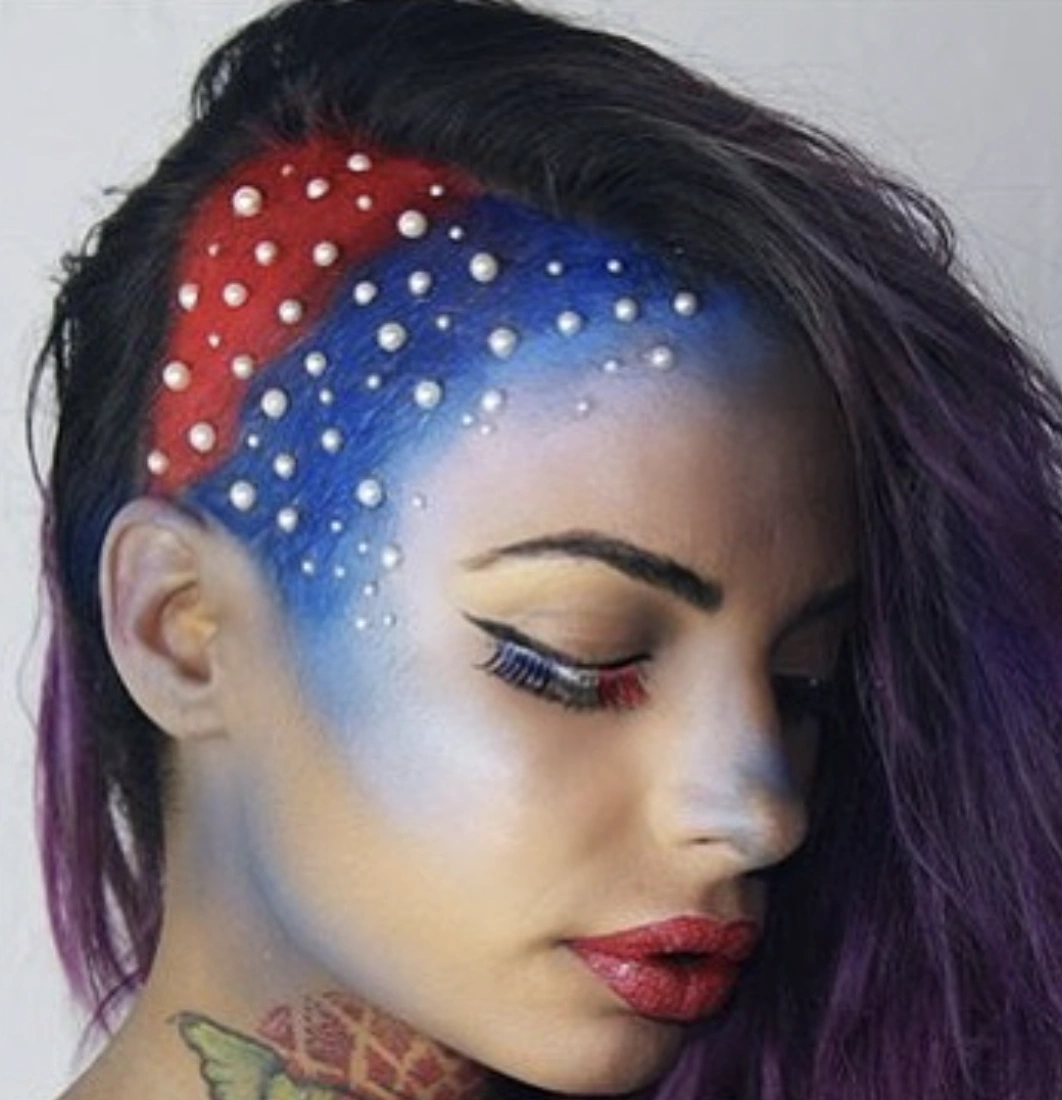 Vibrant Red, White, and Blue Side-Swept Pixie with Pearl Accents