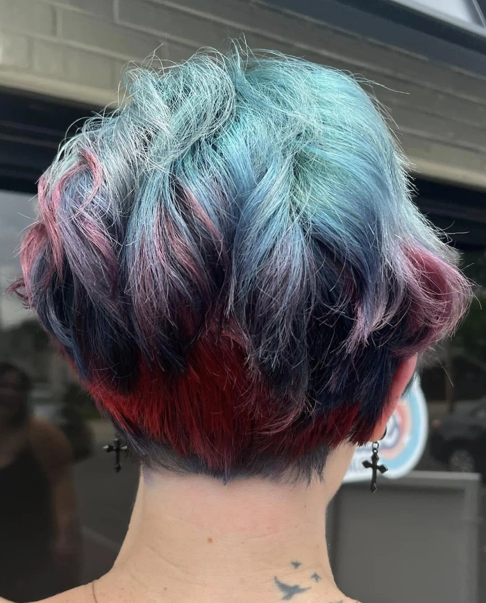 Vibrant Short Textured Bob with Bold Red, White, and Blue Highlights