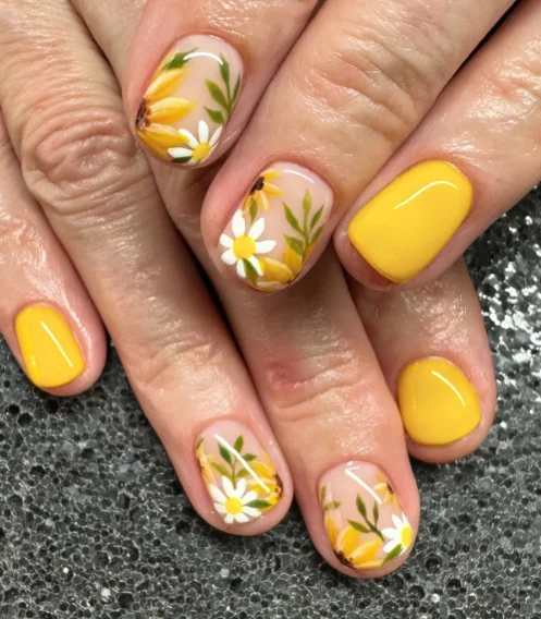 Vibrant Sunflower and Daisy Garden Bee Nails
