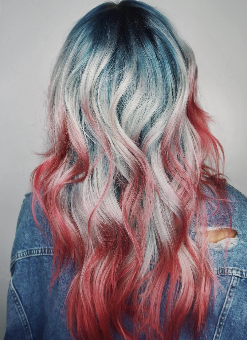 Vibrant Wavy Tresses with Red, White, and Blue Ombre for Medium to Long Hair