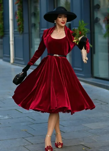 Vintage Style Red Velvet Midi Dress with Red Bolero Jacket