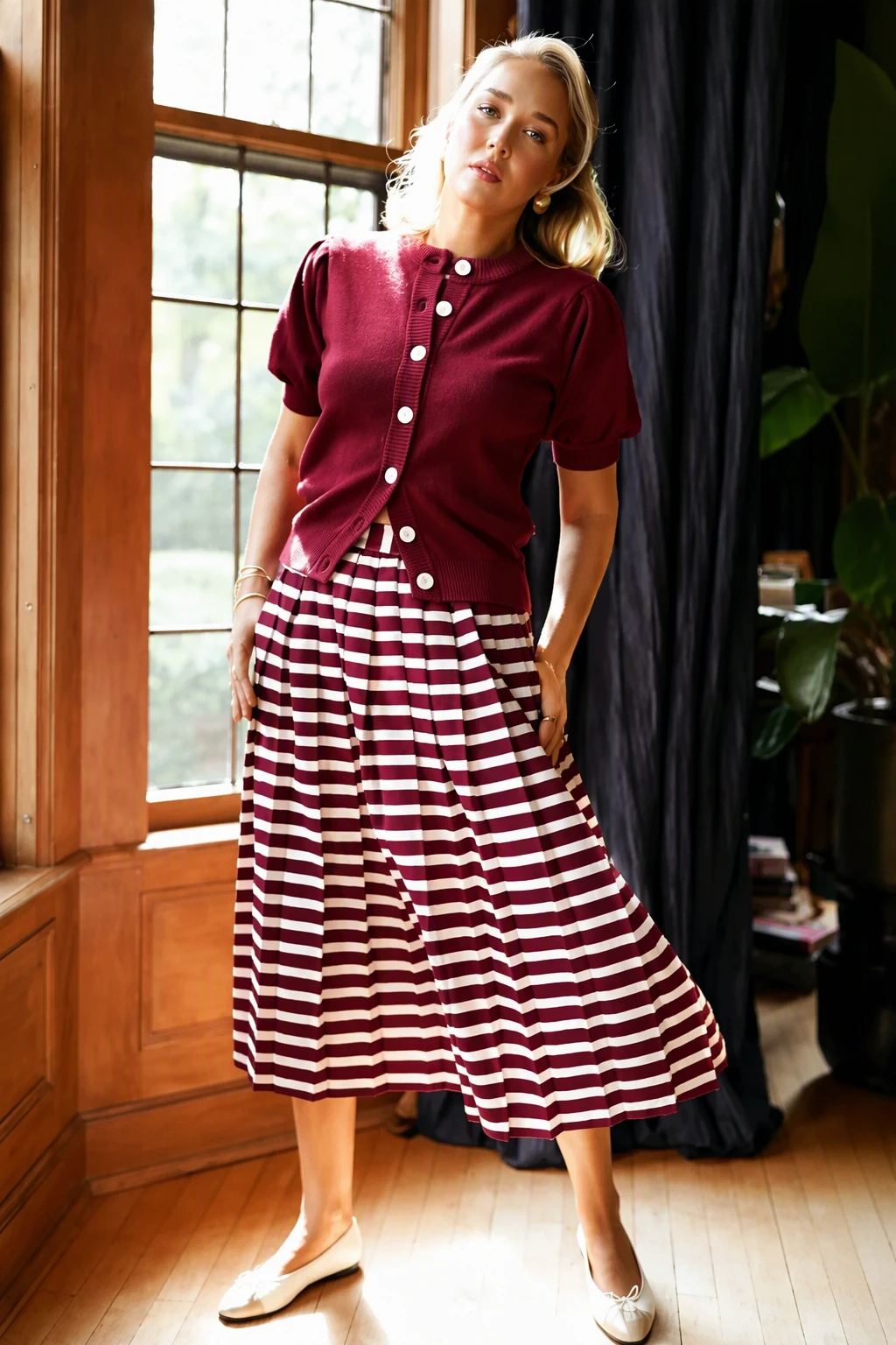 Vintage Vibes: Burgundy Cardigan + Striped Skirt