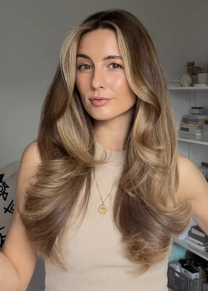 Voluminous Blowout with Face-Framing Blonde Highlights