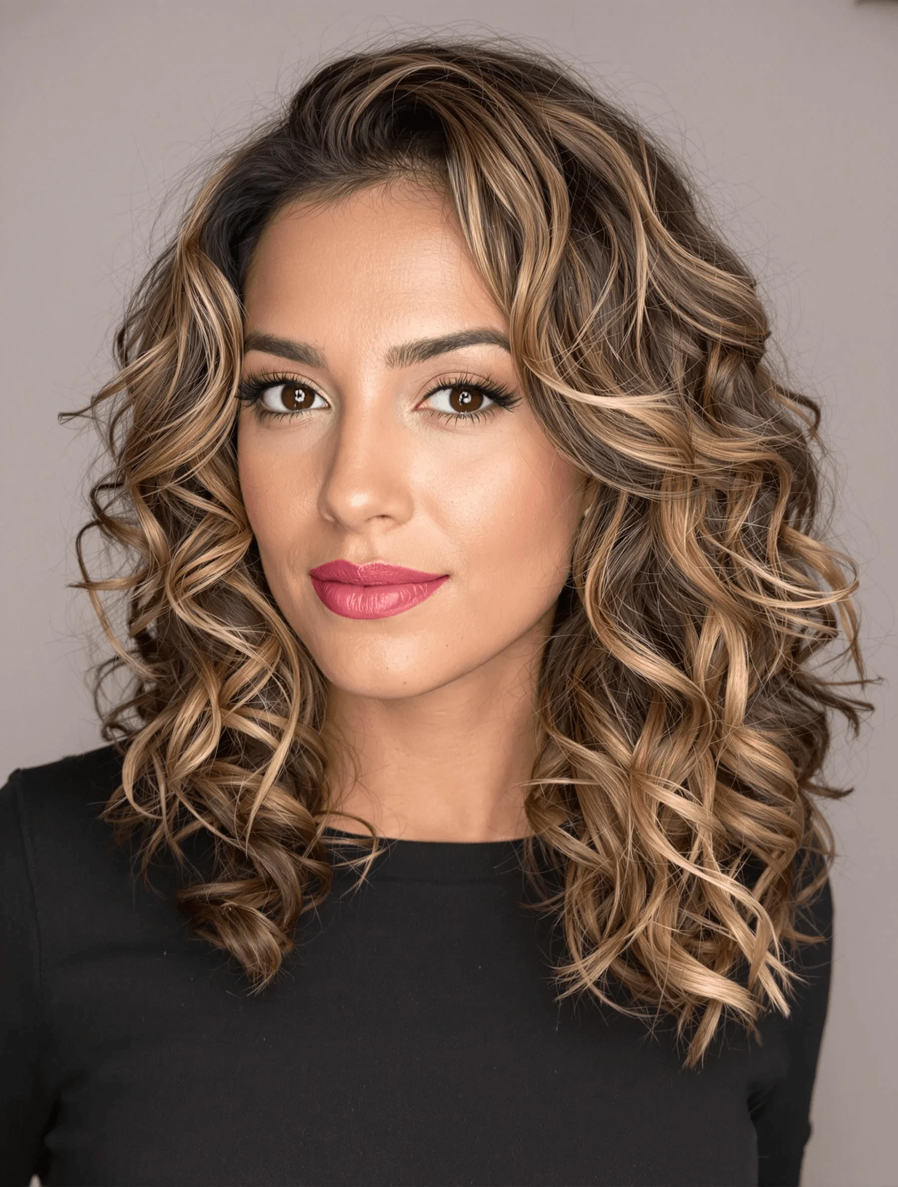 Voluminous Curls with Honey Brown Balayage