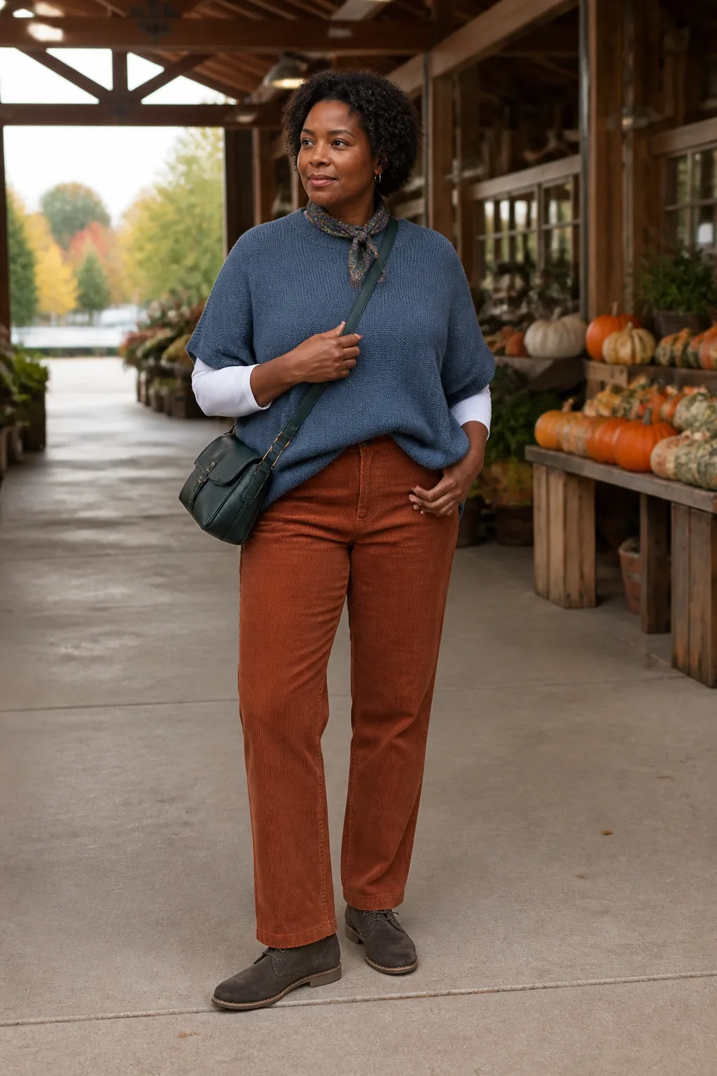Voluminous Knit Poncho with Straight Corduroy Pants