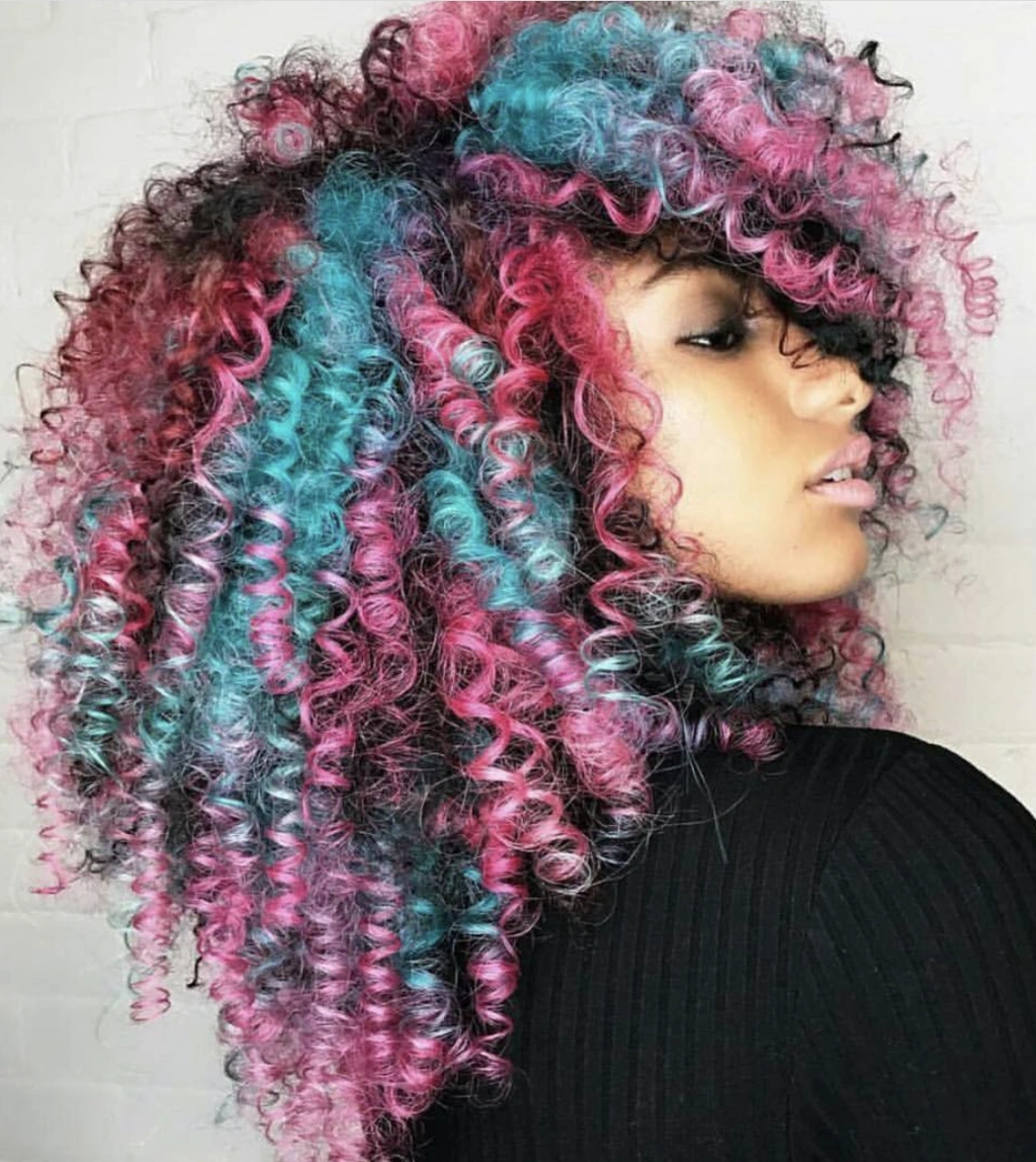 Voluminous Shoulder-Length Fourth of July Hair with Pink and Blue Highlights