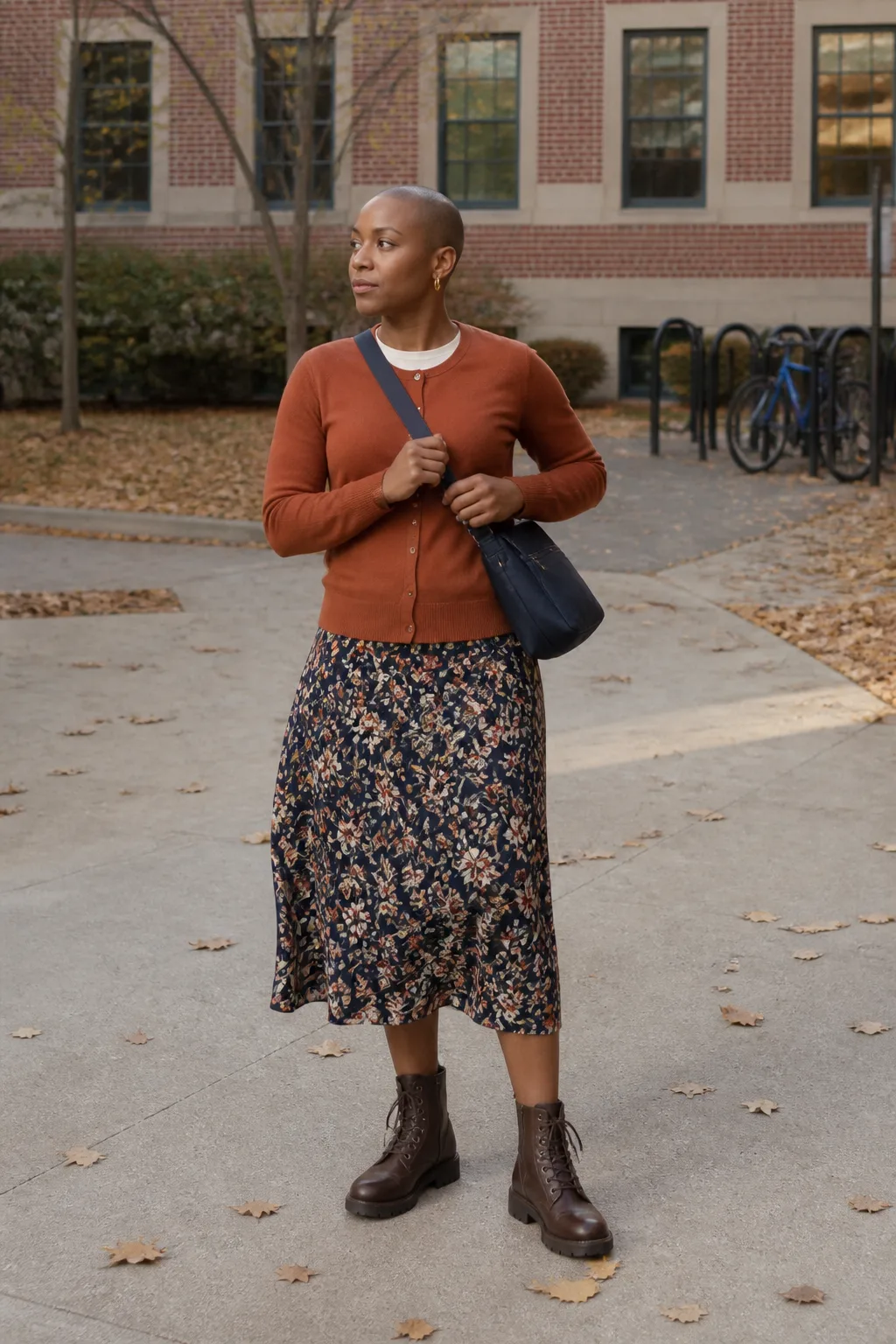 Walnut Combat Boots with a Floral Midi Skirt