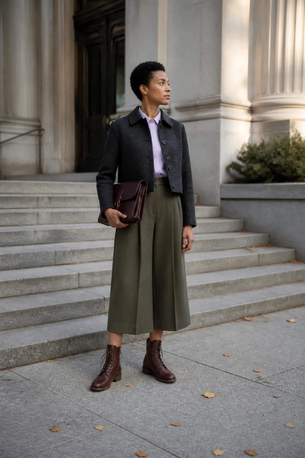Walnut Lace-Up Boots with a Pleated Culotte Outfit