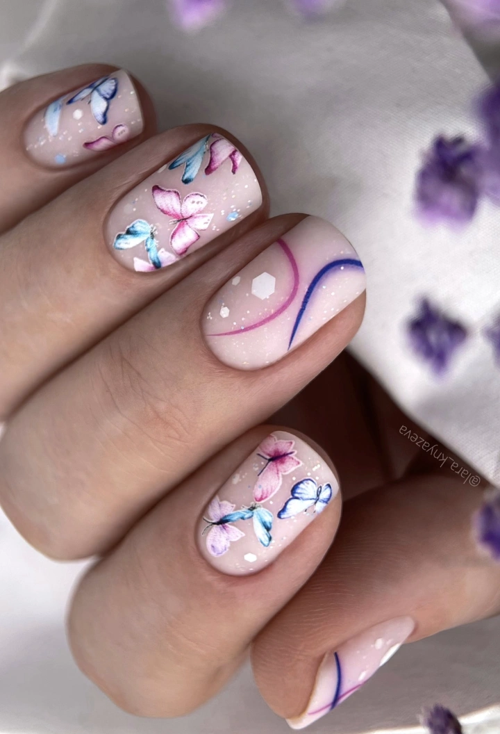 Watercolor Butterfly and Swirl Design on Short Nails