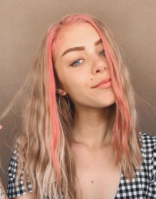 Wavy Blonde Lob with Dusty Rose Peekaboo Highlights