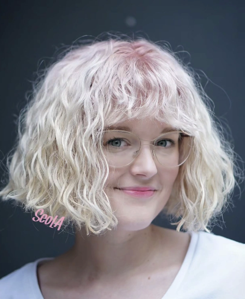 Wavy Bob with Bangs: Shoulder Length Platinum Blonde Hair Dark Roots