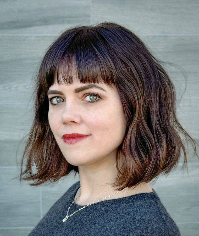 Wavy Brunette Bob with Choppy Fringe