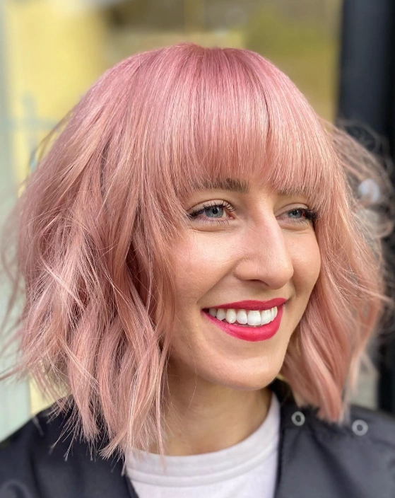 Wavy Lob with Blunt Bangs in Rose Gold Hair
