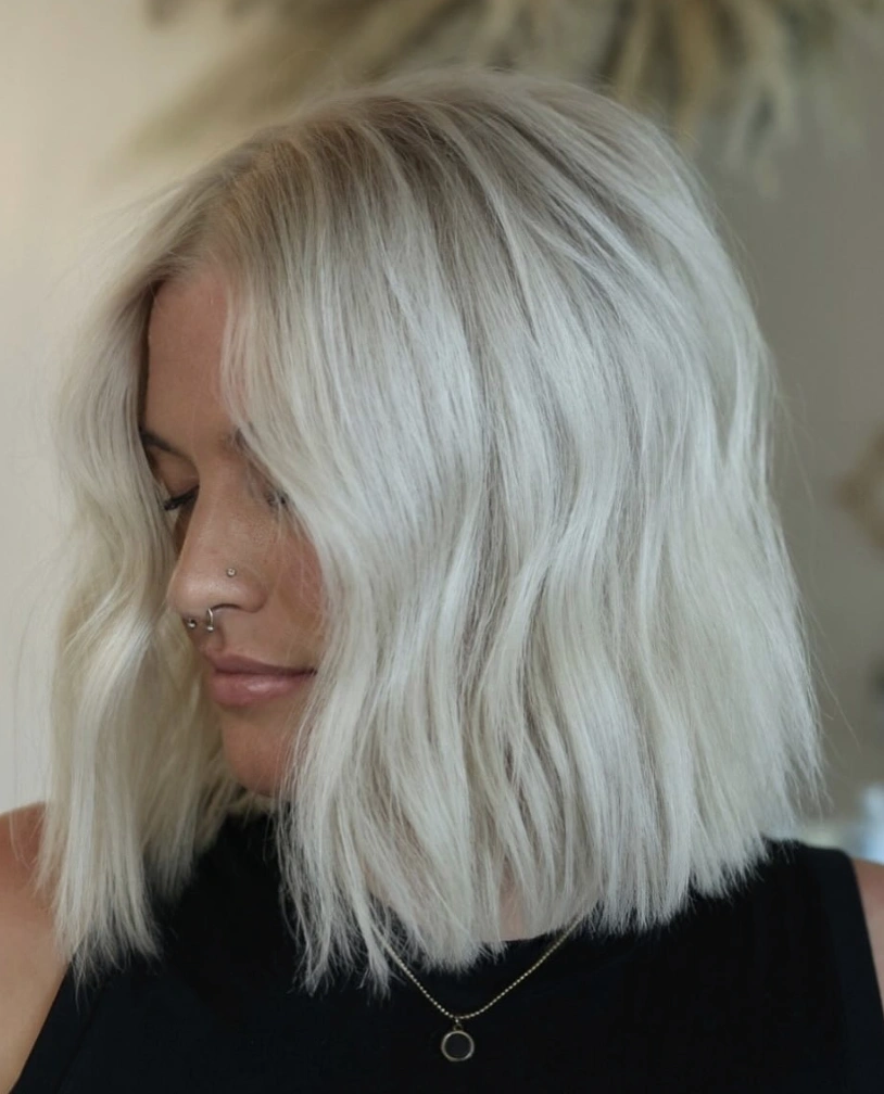 Wavy Textured Blunt Bob in Grey Platinum Hair