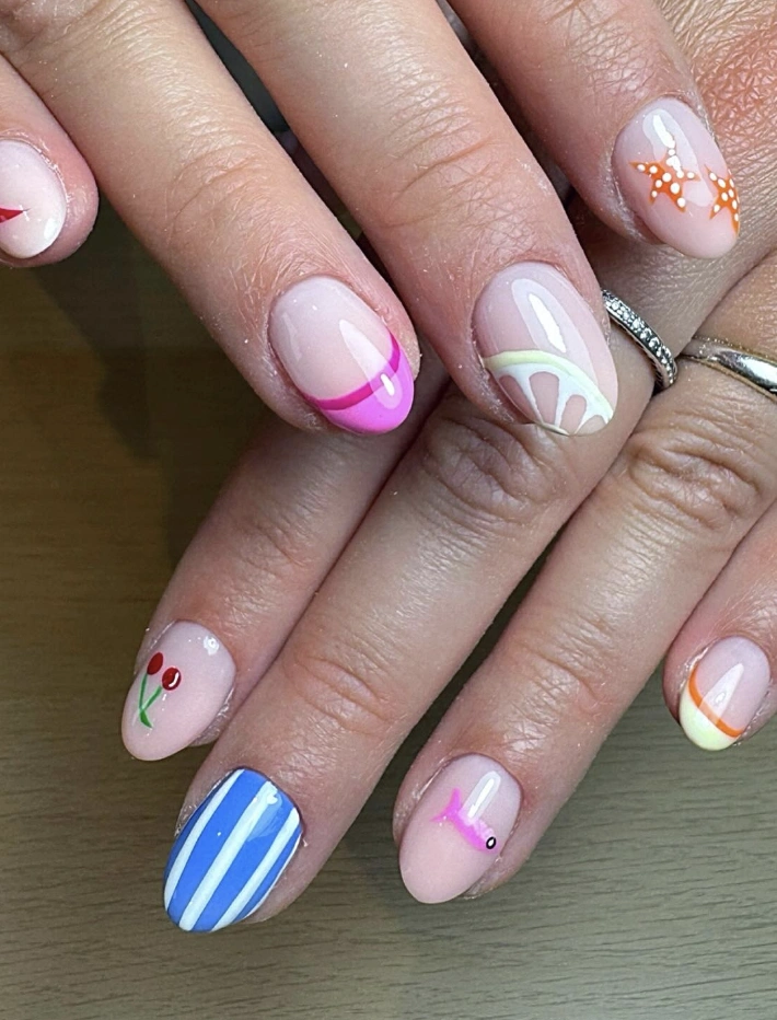 Whimsical Beach-Themed Oval Nail Art