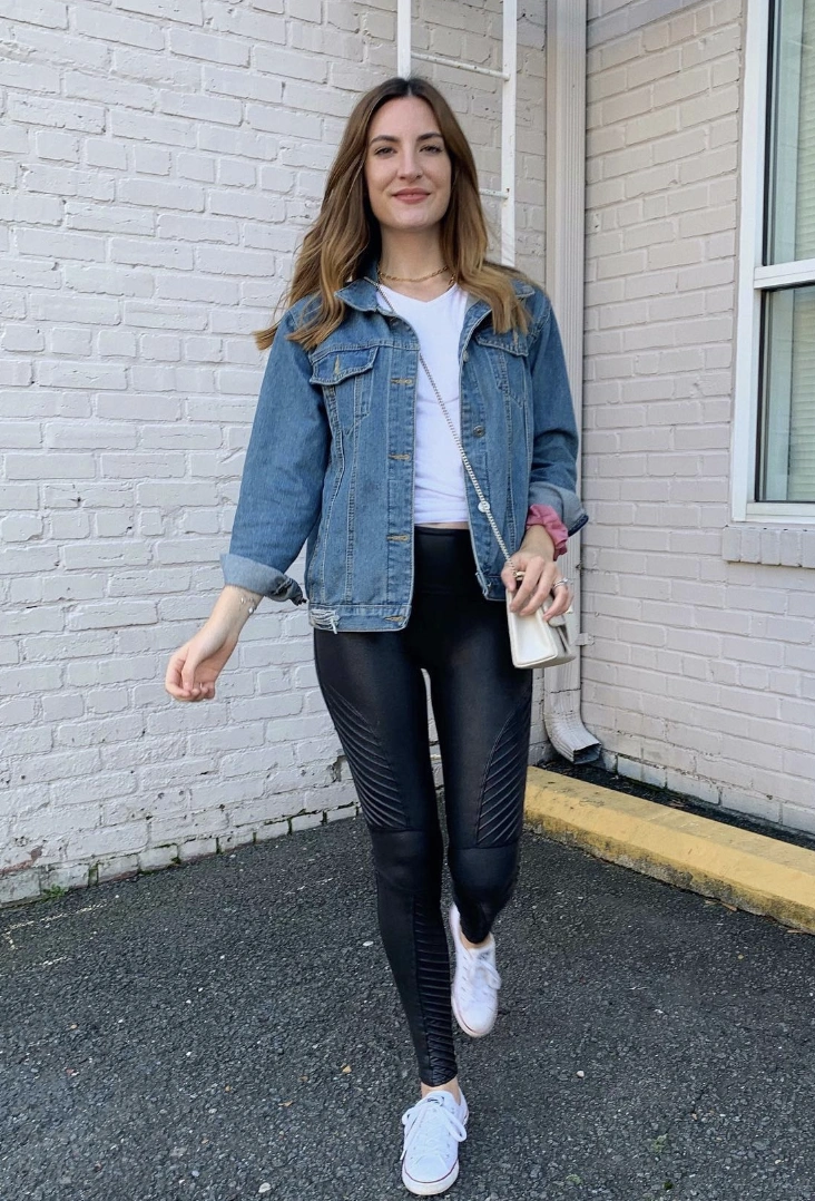 White Basic Tee + Denim Jacket + Black Leggings + White Sneakers