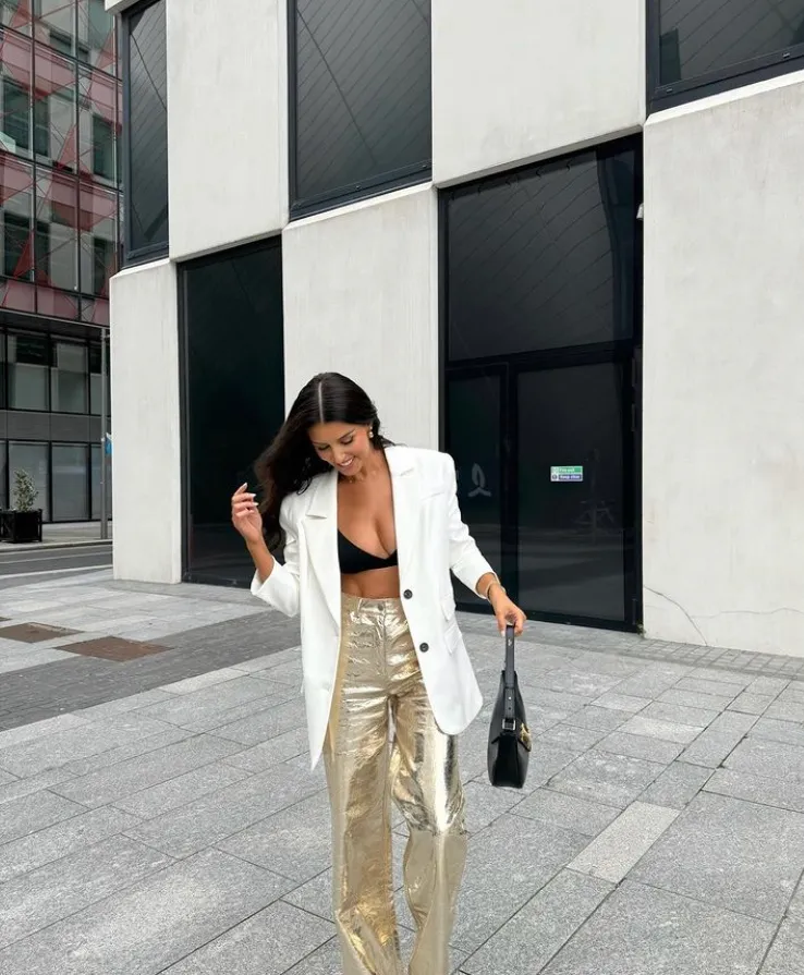 White Blazer + Black Bikini Top + Gold Metallic Wide-Leg Pants + Black Heeled Sandals