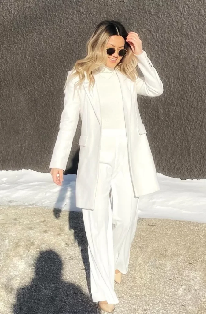 White Blazer Coat + White Turtleneck + Wide-Leg Trousers + Nude Heels