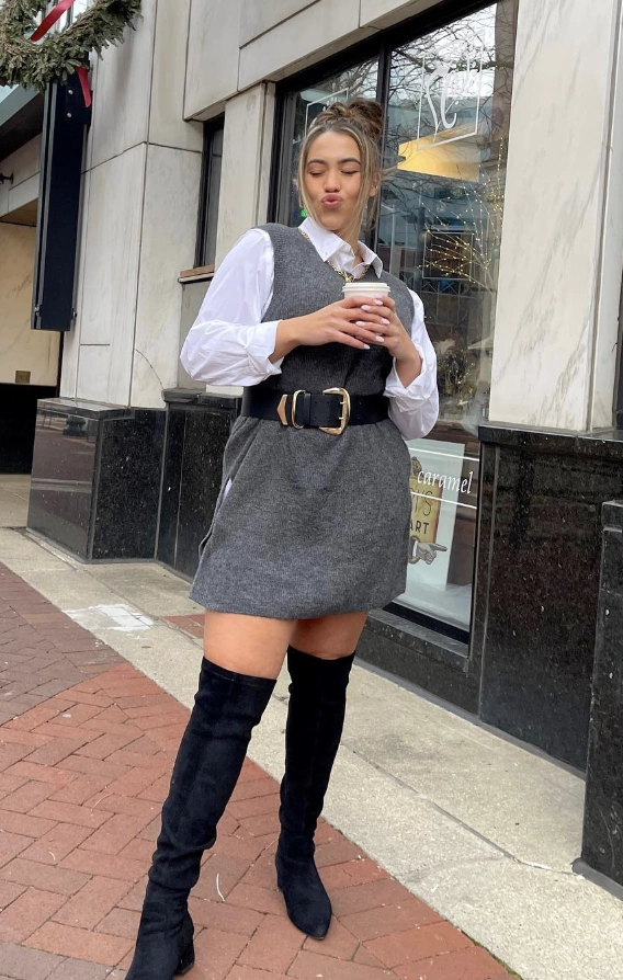 White Button-Down + Grey Sweater Vest Dress + Thigh-High Boots