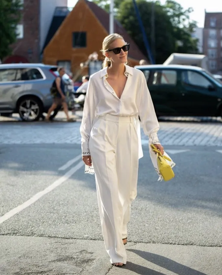 White Button-Up Blouse + White High-Waisted Wide-Leg Trousers + Black Sandals