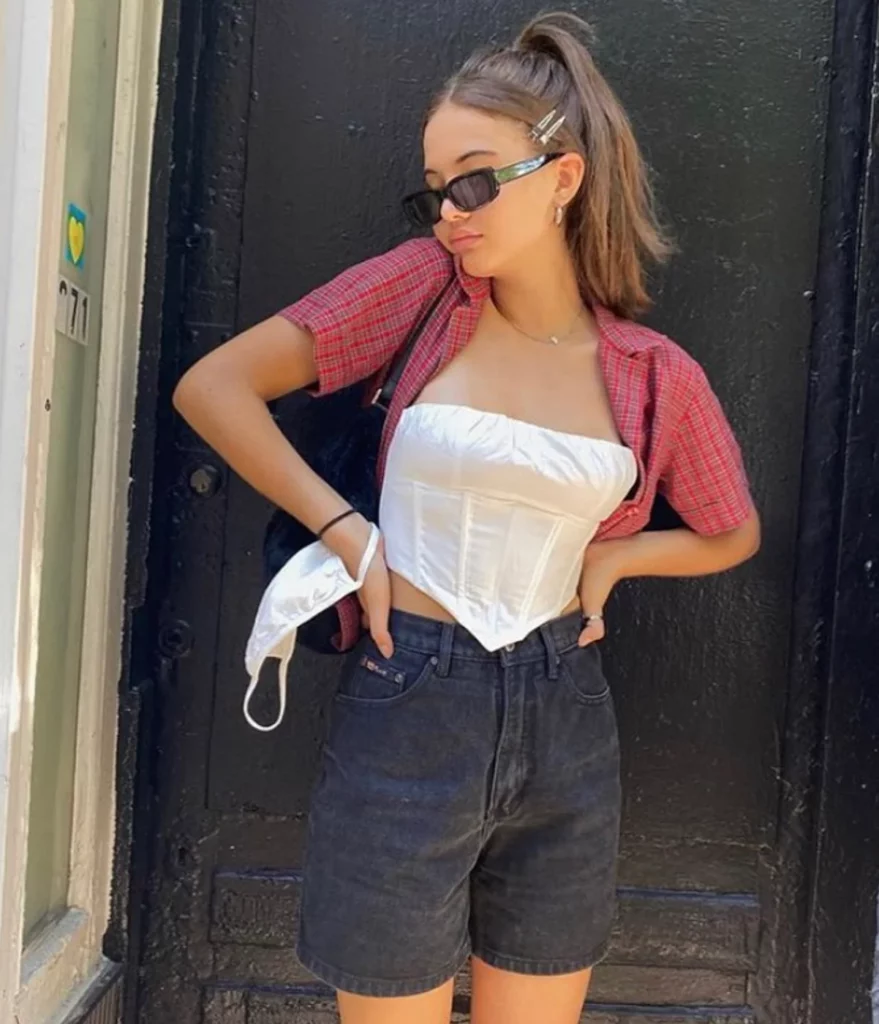 White Corset Top + Red Plaid Short-Sleeve Shirt + Black High-Waisted Denim Shorts