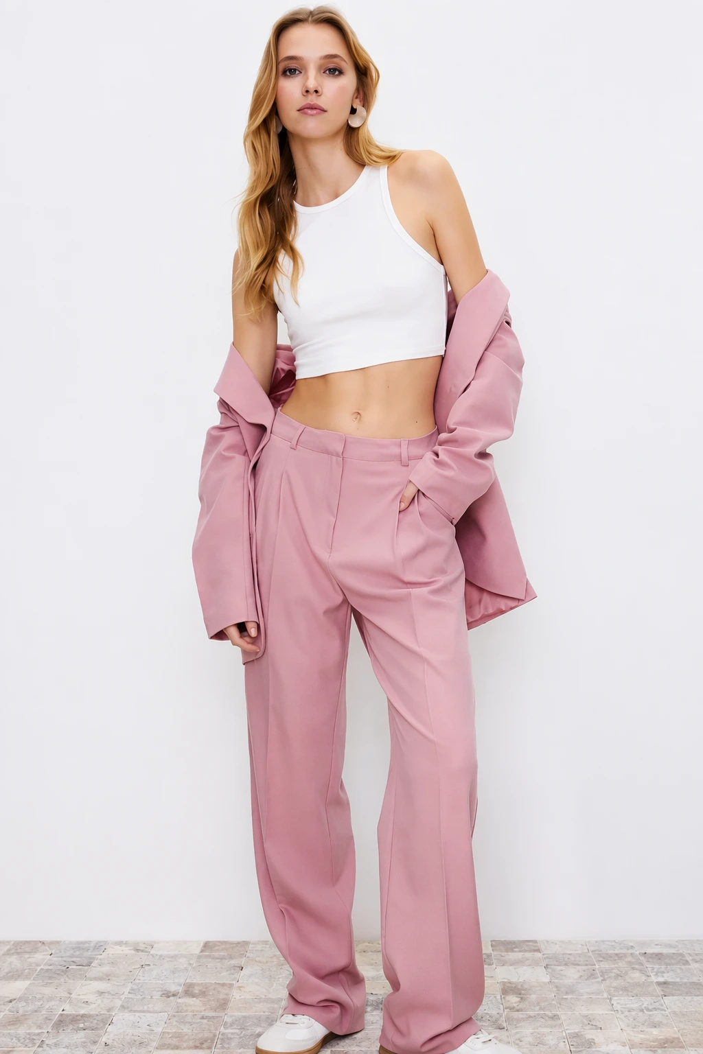 White Crop Top + Pink Blazer + Pleated Pants + White Sneakers