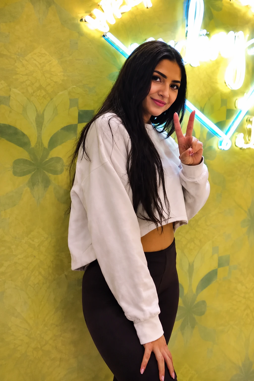 White Cropped Sweatshirt + Black High-Waisted Leggings