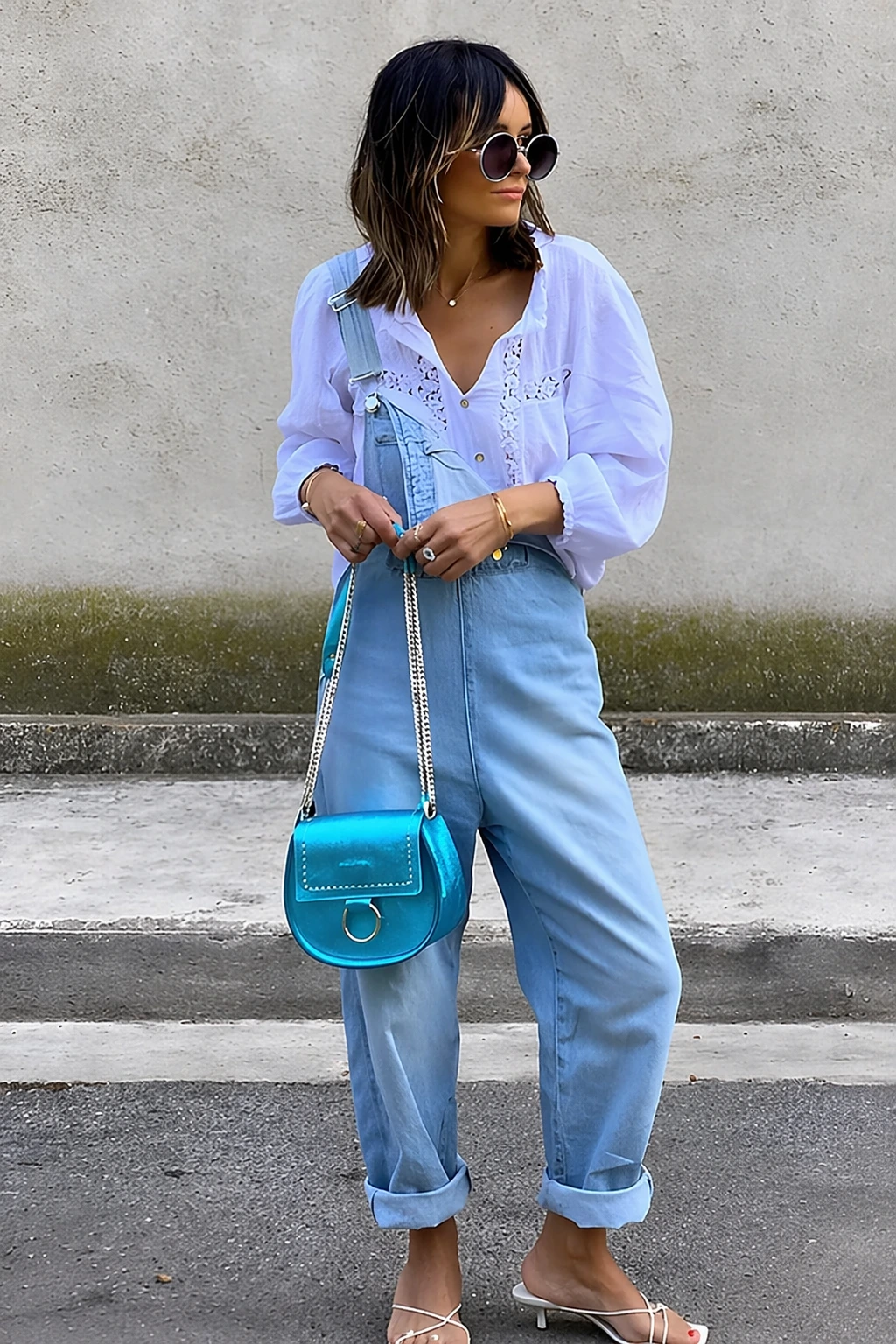 White Embroidered Blouse + Light Blue Denim Overalls + Turquoise Crossbody Bag + White Strappy Sandals