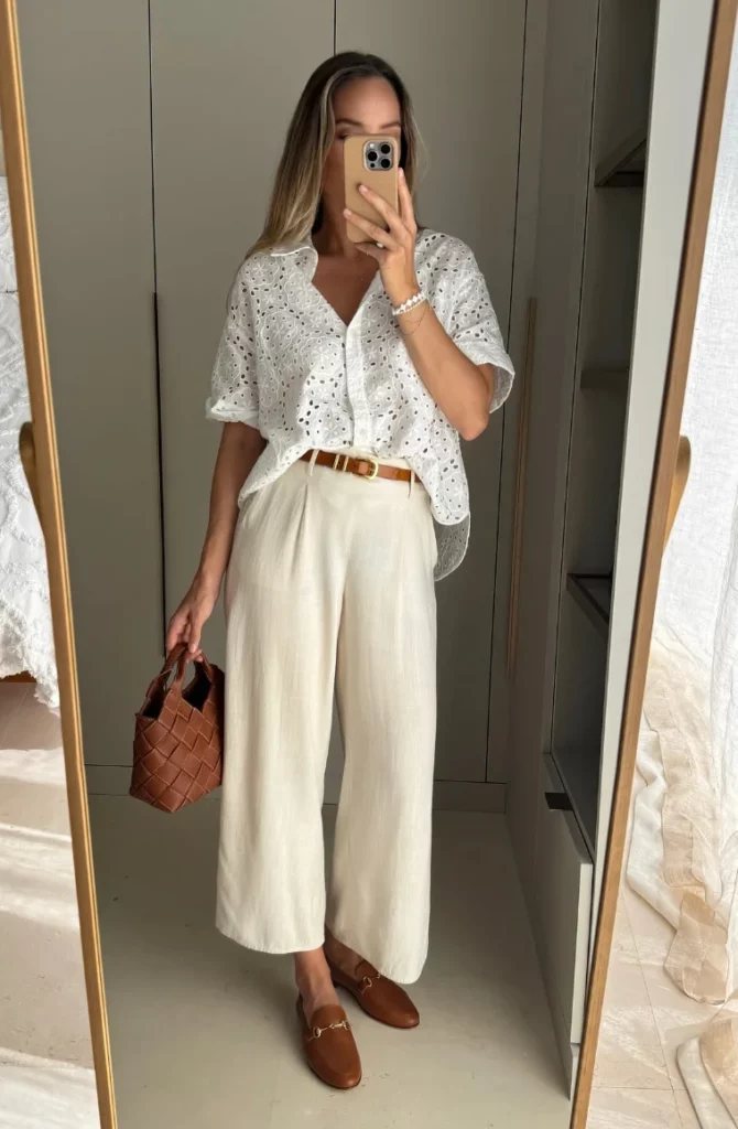 White Eyelet Short Sleeve Blouse + Cream Wide Leg Trousers + Brown Leather Loafers + Tan Woven Belt