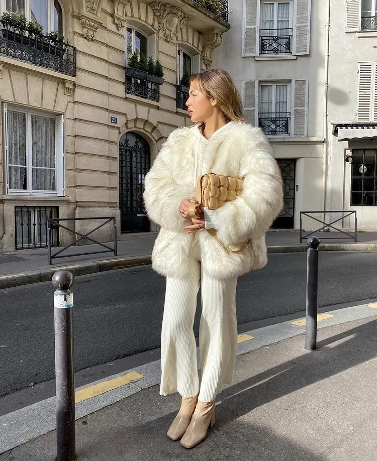 White Faux Fur Coat + White Ribbed Pants + Ecru Boots