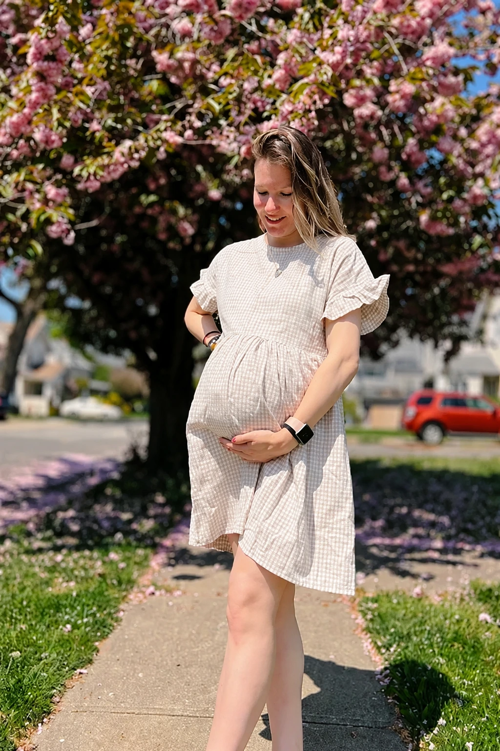 White Gingham Babydoll Dress + Black Smartwatch