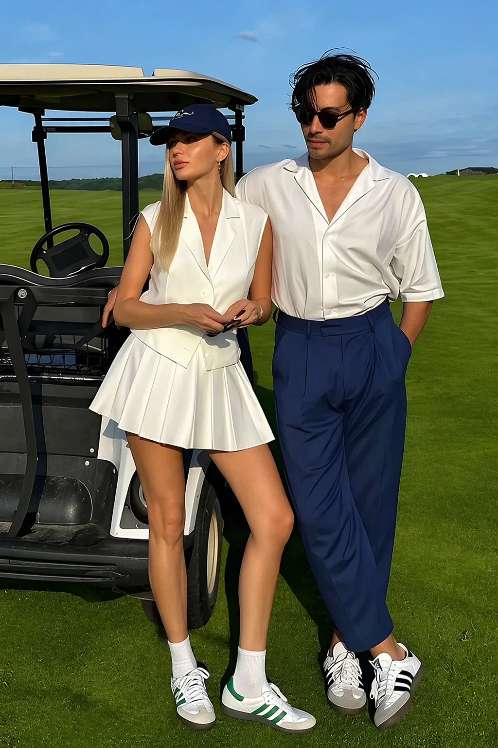 White Golf Dress + Tailored Navy Trousers + Classic White Sneakers + Elegant Cap