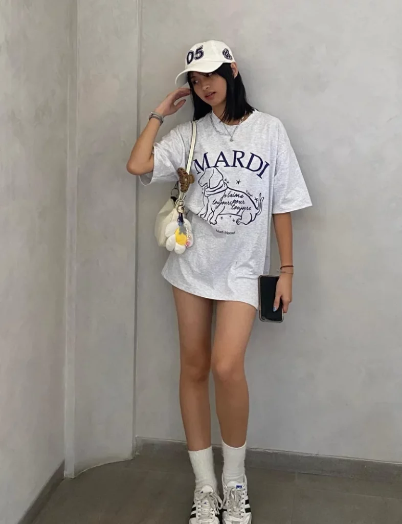 White Graphic Oversized T-Shirt Dress + White Baseball Cap + White Crew Socks + White Chunky Sneakers