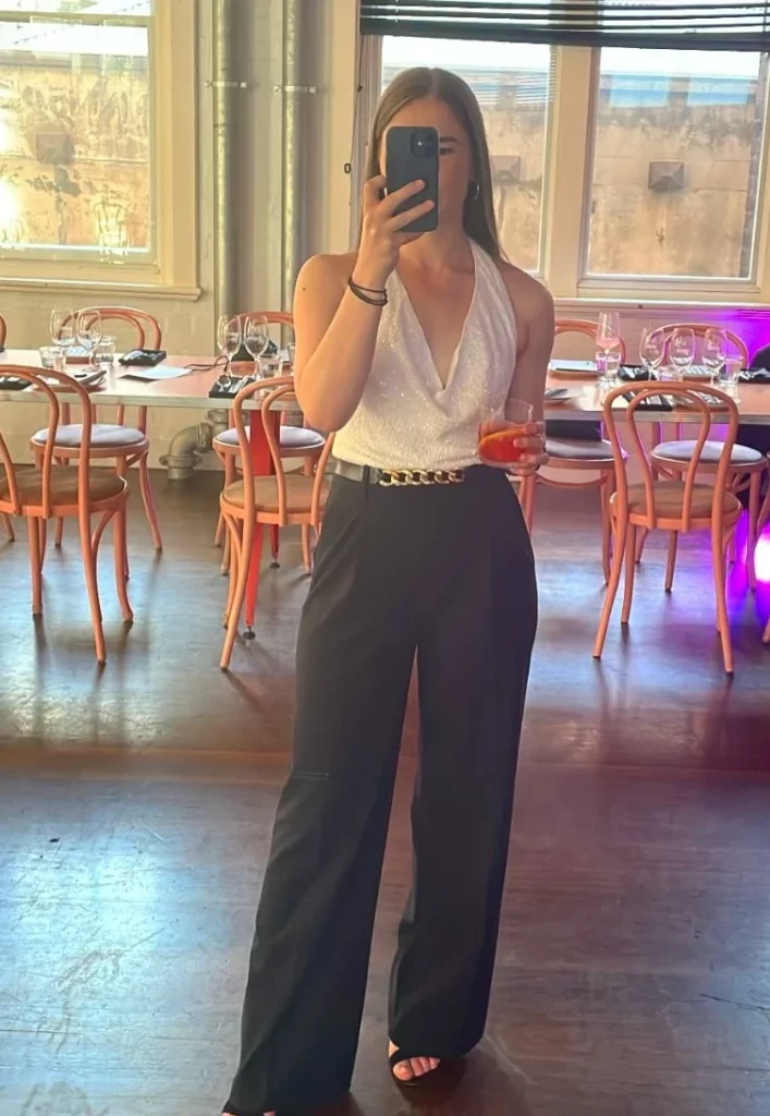 White Halter Top + Black Wide-Leg Trousers + Black Heel Sandals