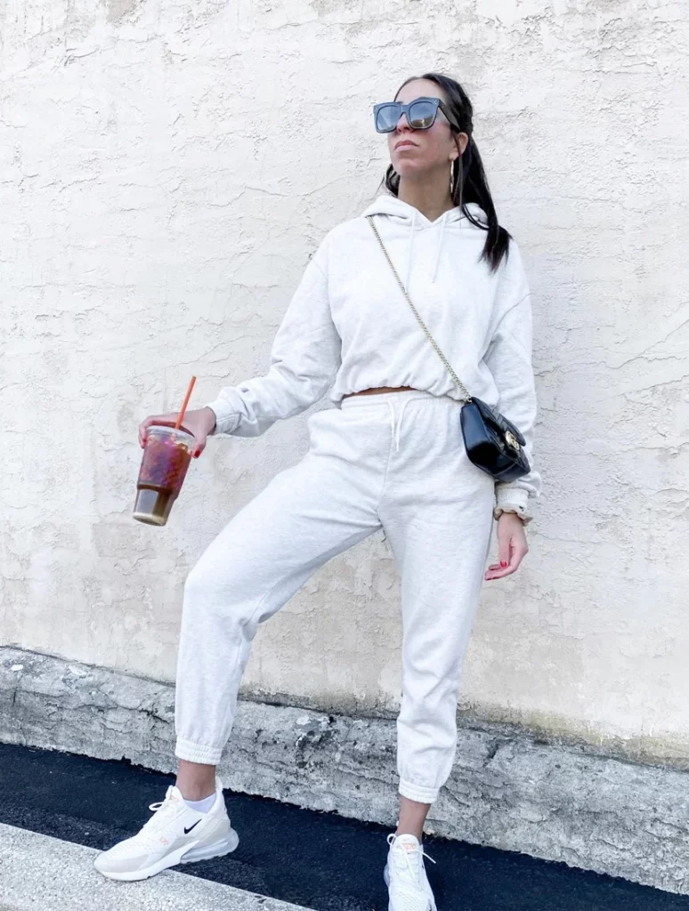 White Hoodie + White Sweatpants + White Athletic Sneakers