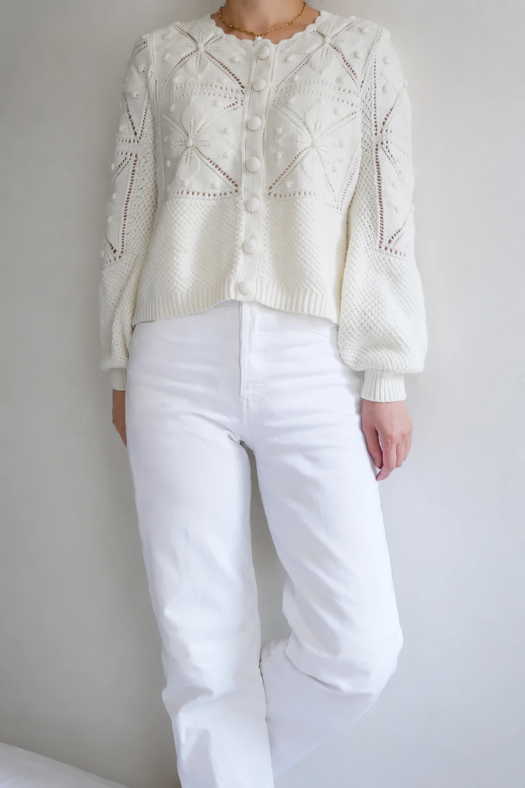 White Knit Cardigan + White High-Waisted Pants
