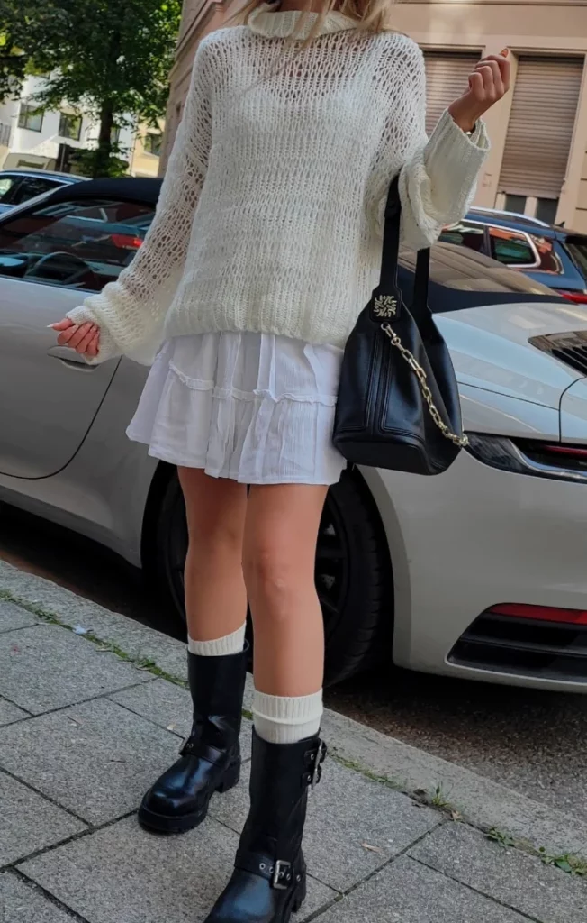 White Knit Sweater + Tiered White Mini Skirt + Black Combat Boots + Black Shoulder Bag
