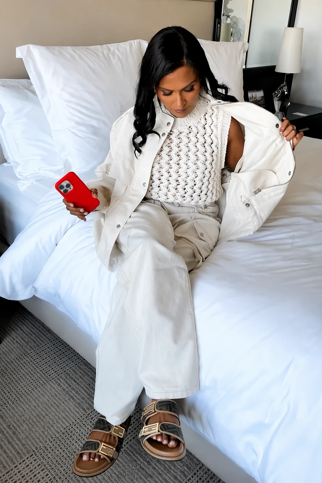 White Knit Top + White Oversized Jacket + White Wide-Leg Pants + Brown Sandals