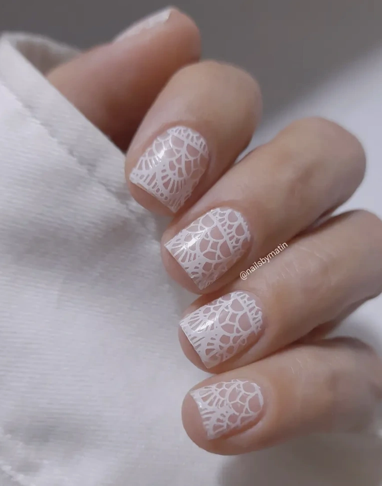White Lace Design on Square Shaped Nails