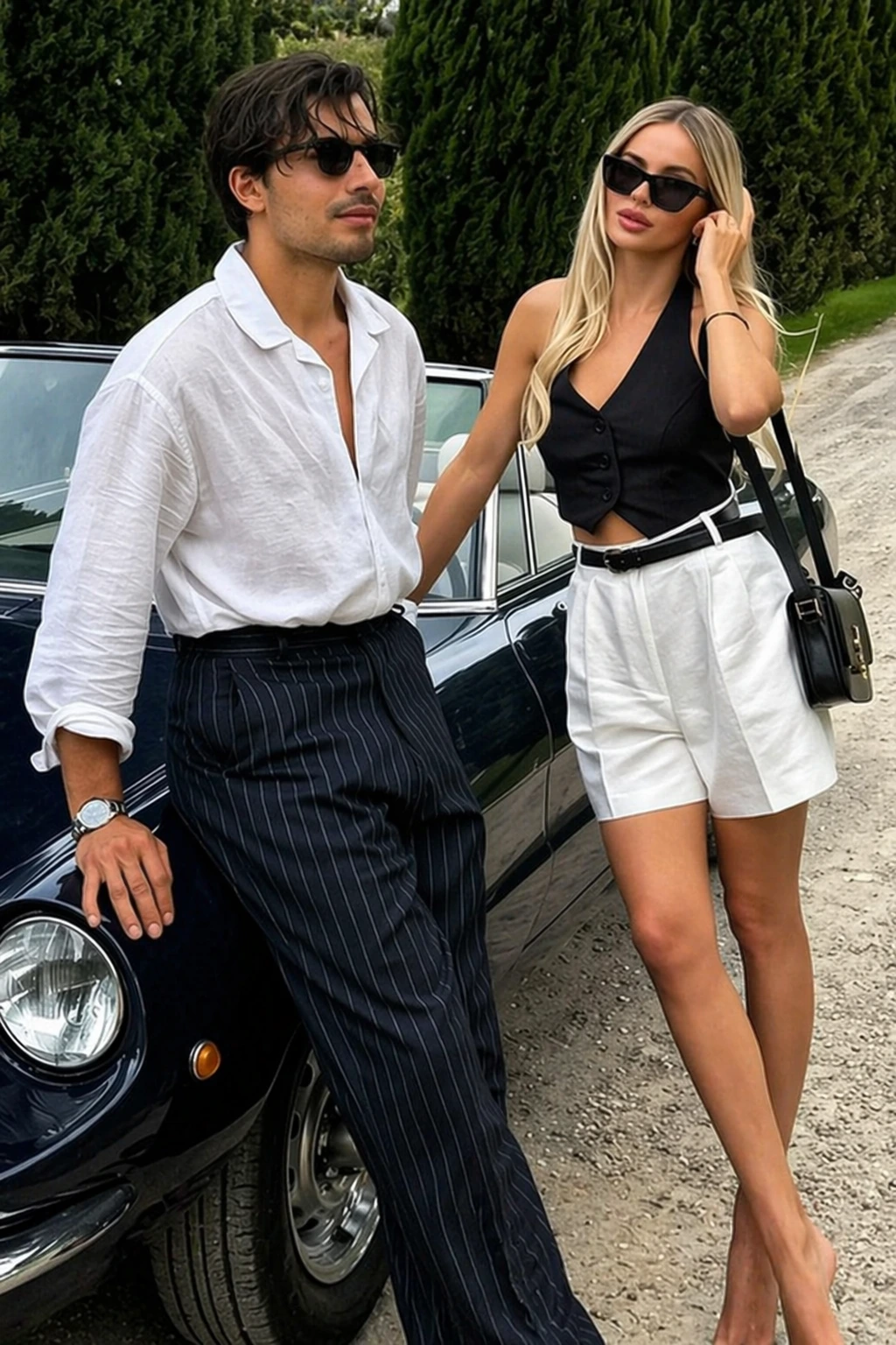 White Linen Shirt + Pinstriped Trousers + Black Cropped Top + White High-Waisted Shorts